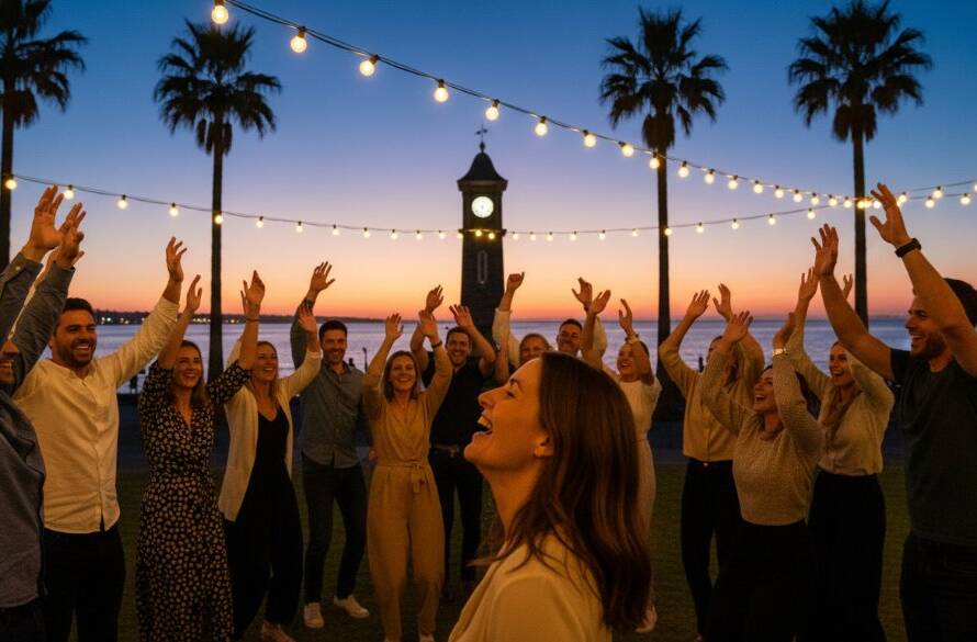 Vibrant candid shot showcasing Black Rock party photography capturing genuine joy, featuring a diverse group of friends laughing and dancing under string lights at a beachfront venue in Black Rock, Victoria, with a stunning sunset over Port Phillip Bay in the background, expertly composed with dramatic lighting and professional colour grading.