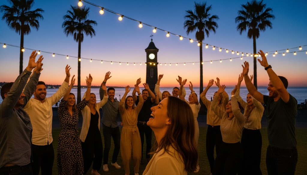 Vibrant candid shot showcasing Black Rock party photography capturing genuine joy, featuring a diverse group of friends laughing and dancing under string lights at a beachfront venue in Black Rock, Victoria, with a stunning sunset over Port Phillip Bay in the background, expertly composed with dramatic lighting and professional colour grading.