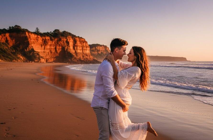 An epic moment captured in Black Rock pre-wedding beach photography, featuring a couple embracing passionately at sunset on Half Moon Bay, with the Red Bluff cliffs dramatically silhouetted in the background, professional cinematic style.