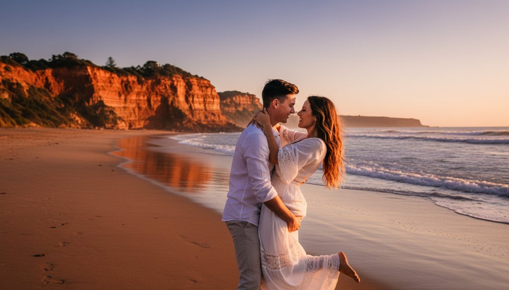 An epic moment captured in Black Rock pre-wedding beach photography, featuring a couple embracing passionately at sunset on Half Moon Bay, with the Red Bluff cliffs dramatically silhouetted in the background, professional cinematic style.