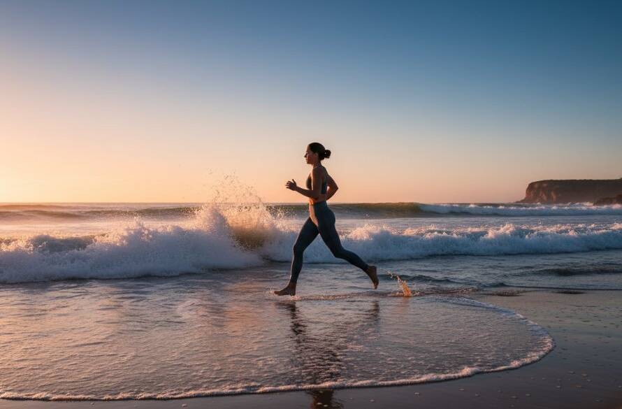 Epic moment capture of a premium surf brand's wetsuit model leaping dynamically on Black Rock Beach at sunrise, showcasing the product with dramatic flair through Black Rock Victoria advertising photography for coastal brands, professional colour grading.