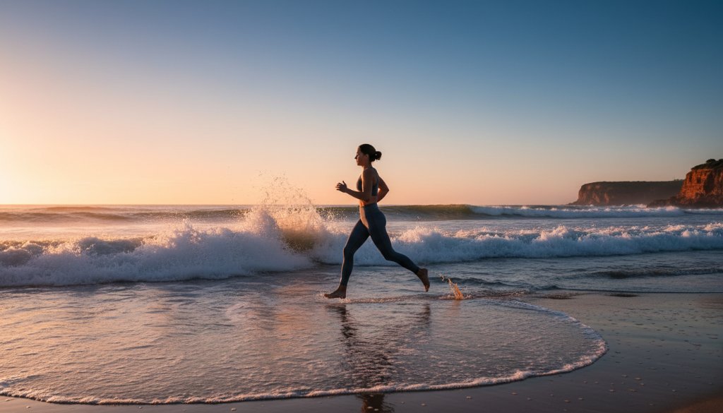 Epic moment capture of a premium surf brand's wetsuit model leaping dynamically on Black Rock Beach at sunrise, showcasing the product with dramatic flair through Black Rock Victoria advertising photography for coastal brands, professional colour grading.