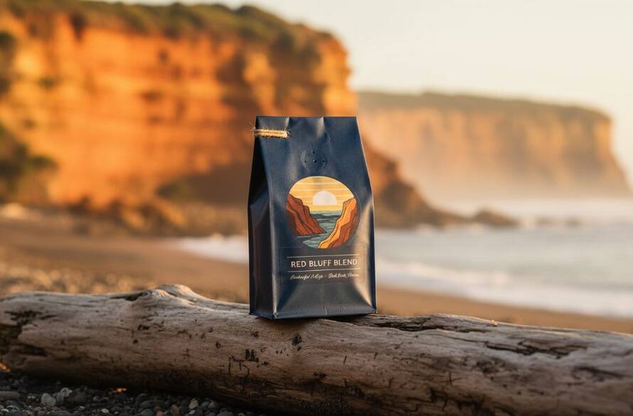 Dramatic, cinematic photograph of a handcrafted ceramic bowl, beautifully lit by a setting sun over Black Rock Beach, with the iconic Red Bluff cliffs in the background, showcasing Black Rock Victoria artisan product photography for local makers in a breathtaking, authentic coastal scene.