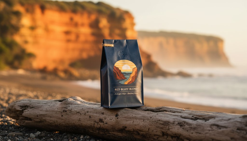 Dramatic, cinematic photograph of a handcrafted ceramic bowl, beautifully lit by a setting sun over Black Rock Beach, with the iconic Red Bluff cliffs in the background, showcasing Black Rock Victoria artisan product photography for local makers in a breathtaking, authentic coastal scene.