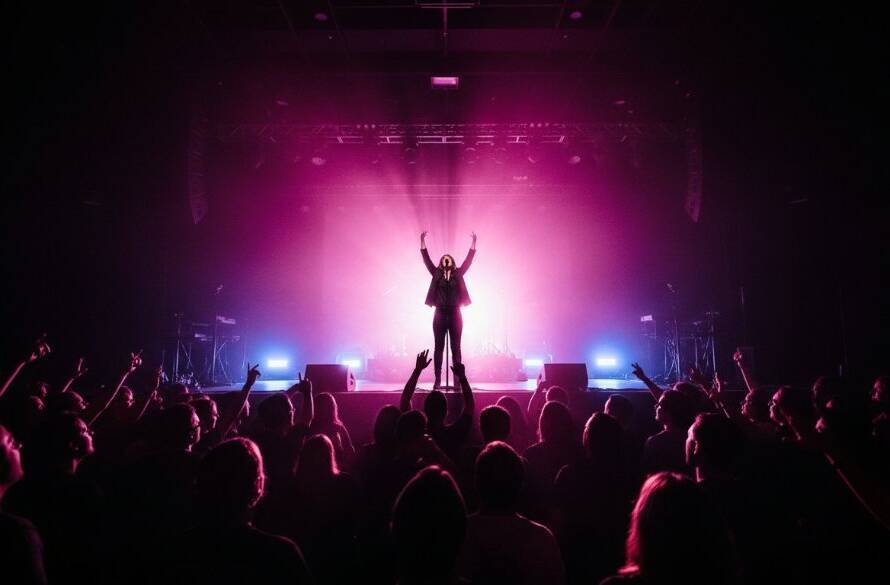 A dynamic, wide-angle shot capturing the essence of Black Rock Victoria live music photography, featuring a lead singer with arms outstretched, silhouetted against vibrant stage lights, with a cheering crowd in the foreground creating an epic moment of connection.