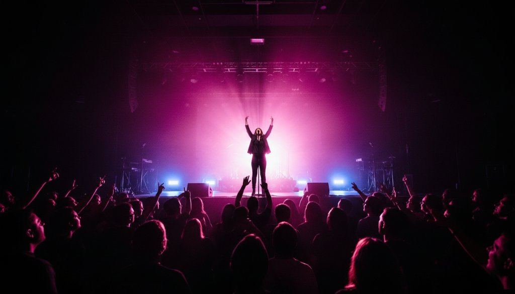 A dynamic, wide-angle shot capturing the essence of Black Rock Victoria live music photography, featuring a lead singer with arms outstretched, silhouetted against vibrant stage lights, with a cheering crowd in the foreground creating an epic moment of connection.