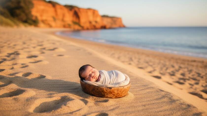 A breathtaking wide shot of a newborn baby, swaddled in soft cream fabric, nestled safely in a rustic wooden basket amidst the golden hour glow on the sandy foreshore of Half Moon Bay in Black Rock, Victoria. The calm waters gently lap in the background, with the iconic Red Bluff cliffs providing a dramatic backdrop. The baby is peacefully sleeping, bathed in warm, ethereal light. This image embodies Black Rock Victoria newborn photography outdoor magic.