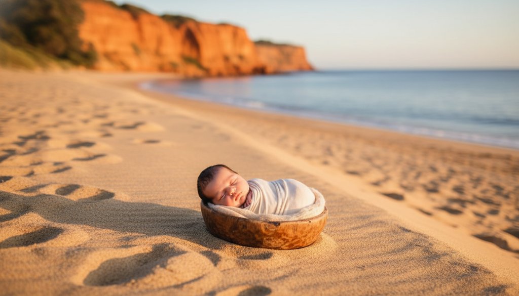 A breathtaking wide shot of a newborn baby, swaddled in soft cream fabric, nestled safely in a rustic wooden basket amidst the golden hour glow on the sandy foreshore of Half Moon Bay in Black Rock, Victoria. The calm waters gently lap in the background, with the iconic Red Bluff cliffs providing a dramatic backdrop. The baby is peacefully sleeping, bathed in warm, ethereal light. This image embodies Black Rock Victoria newborn photography outdoor magic.
