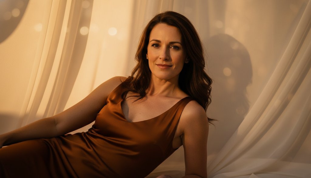 A powerful and intimate photograph capturing a woman's confident and radiant smile during her Blackburn boudoir photography experience, bathed in soft, ethereal light, conveying empowerment and self-love.