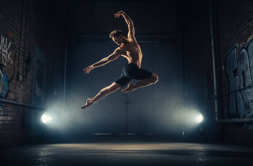 A prima ballerina mid-leap, dramatically silhouetted against a moody backdrop, showcasing the grace and power inherent in Blackburn Dance Photography Capturing Choreography, an epic moment frozen in time.