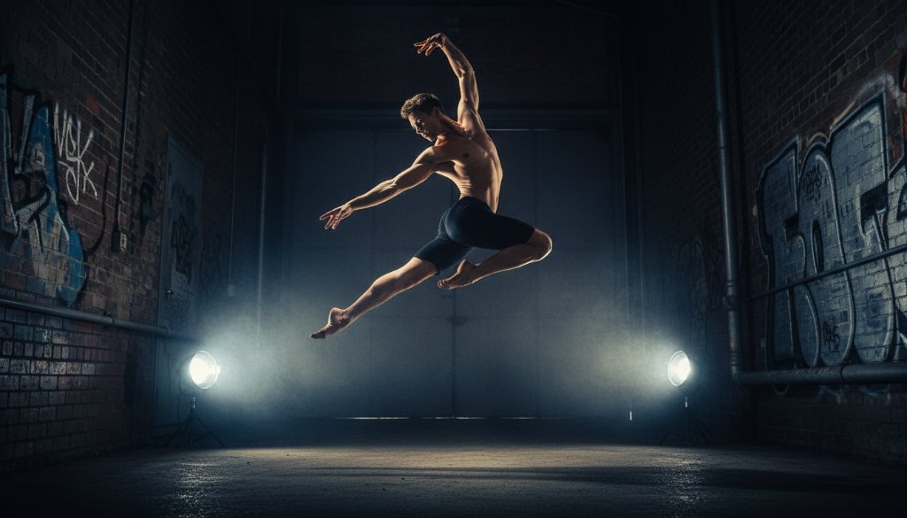 A prima ballerina mid-leap, dramatically silhouetted against a moody backdrop, showcasing the grace and power inherent in Blackburn Dance Photography Capturing Choreography, an epic moment frozen in time.