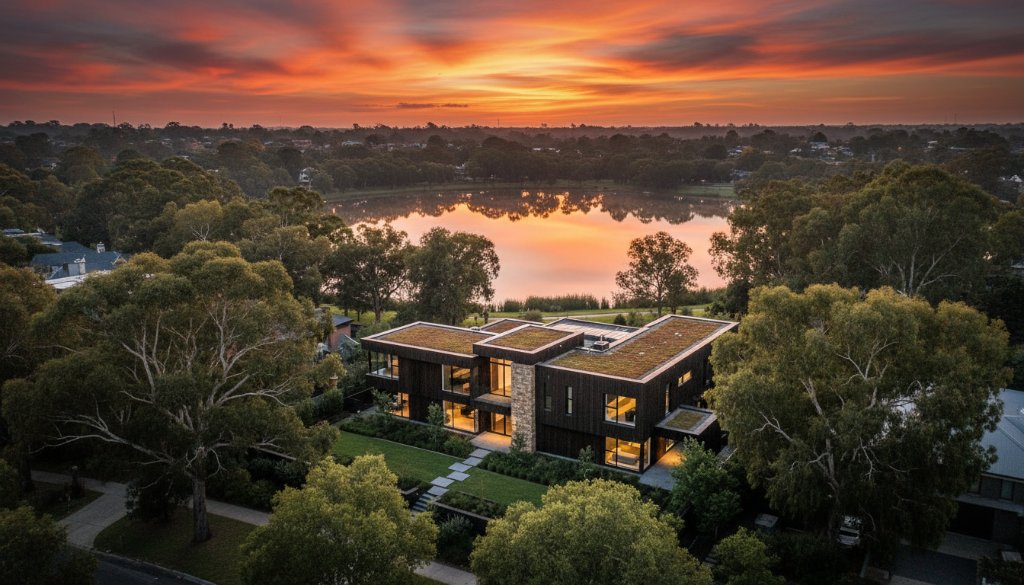 Dynamic drone photograph showcasing Blackburn drone photography services for breathtaking views, capturing the vibrant greenery of Blackburn Lake Sanctuary at sunset with stunning light on a modern architectural home nearby.