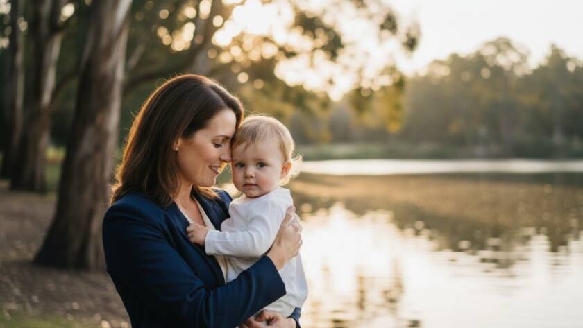 A stunning, dramatically lit fine art portrait of a mother gently cradling her child, bathed in soft, ethereal golden hour light filtering through eucalyptus trees at Blackburn Lake Sanctuary, showcasing Blackburn fine art photography personalised heirloom portraits with an emotional, timeless quality.