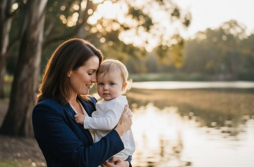 A stunning, dramatically lit fine art portrait of a mother gently cradling her child, bathed in soft, ethereal golden hour light filtering through eucalyptus trees at Blackburn Lake Sanctuary, showcasing Blackburn fine art photography personalised heirloom portraits with an emotional, timeless quality.