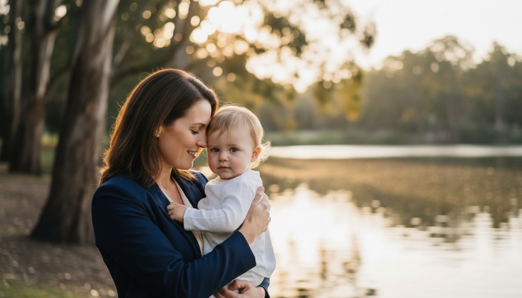 A stunning, dramatically lit fine art portrait of a mother gently cradling her child, bathed in soft, ethereal golden hour light filtering through eucalyptus trees at Blackburn Lake Sanctuary, showcasing Blackburn fine art photography personalised heirloom portraits with an emotional, timeless quality.