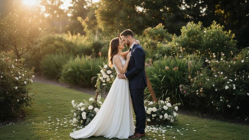 An epic moment captured in Blackburn Gardens Wedding Photography Victoria, showing a newly married couple embracing under a dramatic sunset, with the lush garden foliage framing them perfectly, evoking romance and joy.