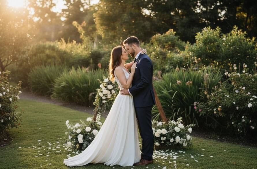 An epic moment captured in Blackburn Gardens Wedding Photography Victoria, showing a newly married couple embracing under a dramatic sunset, with the lush garden foliage framing them perfectly, evoking romance and joy.