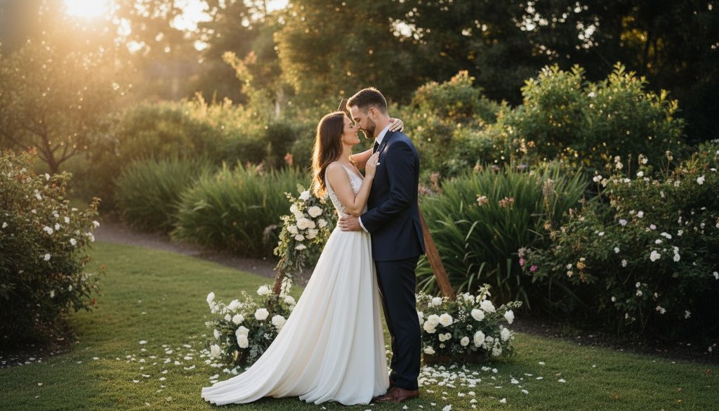 An epic moment captured in Blackburn Gardens Wedding Photography Victoria, showing a newly married couple embracing under a dramatic sunset, with the lush garden foliage framing them perfectly, evoking romance and joy.