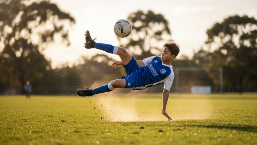 An exhilarating, perfectly timed action shot of a young soccer player in Blackburn, mid-kick, under dramatic stadium lights, showcasing their determination and skill. This dynamic image exemplifies professional Blackburn junior sports photography action shots.