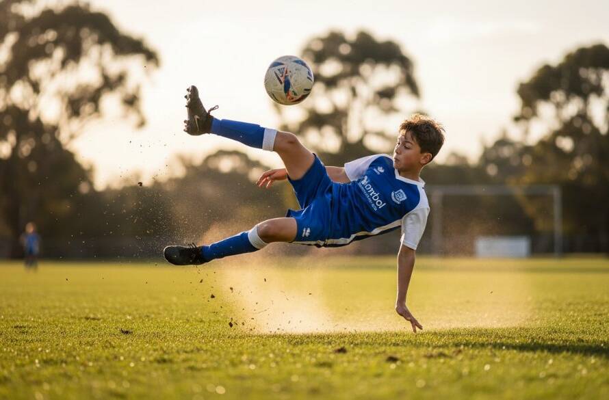 An exhilarating, perfectly timed action shot of a young soccer player in Blackburn, mid-kick, under dramatic stadium lights, showcasing their determination and skill. This dynamic image exemplifies professional Blackburn junior sports photography action shots.