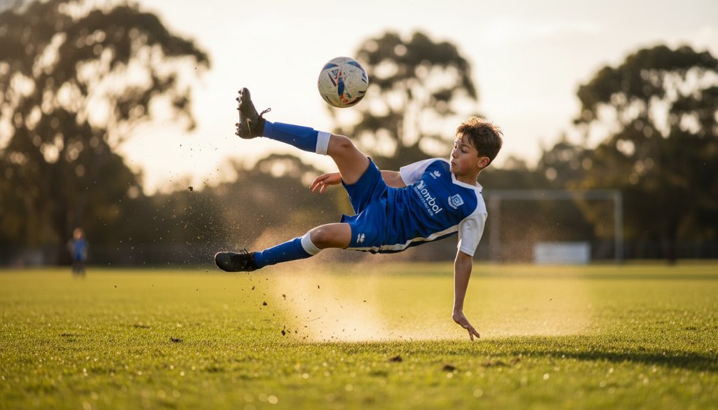 An exhilarating, perfectly timed action shot of a young soccer player in Blackburn, mid-kick, under dramatic stadium lights, showcasing their determination and skill. This dynamic image exemplifies professional Blackburn junior sports photography action shots.