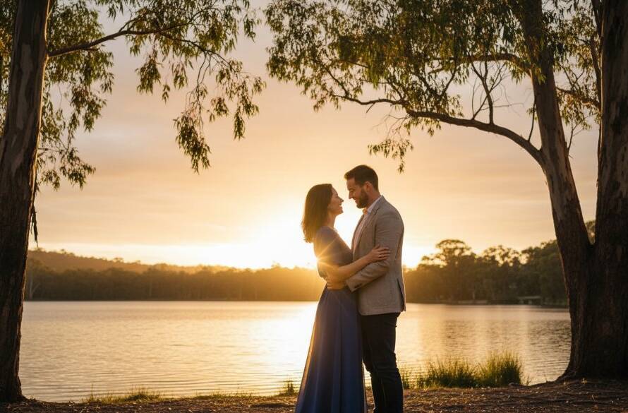 An epic moment of a loving couple embracing at sunset by Blackburn Lake, featuring professional blackburn lake engagement photography romantic victoria with dramatic golden hour light filtering through eucalyptus trees and a serene lake reflection.