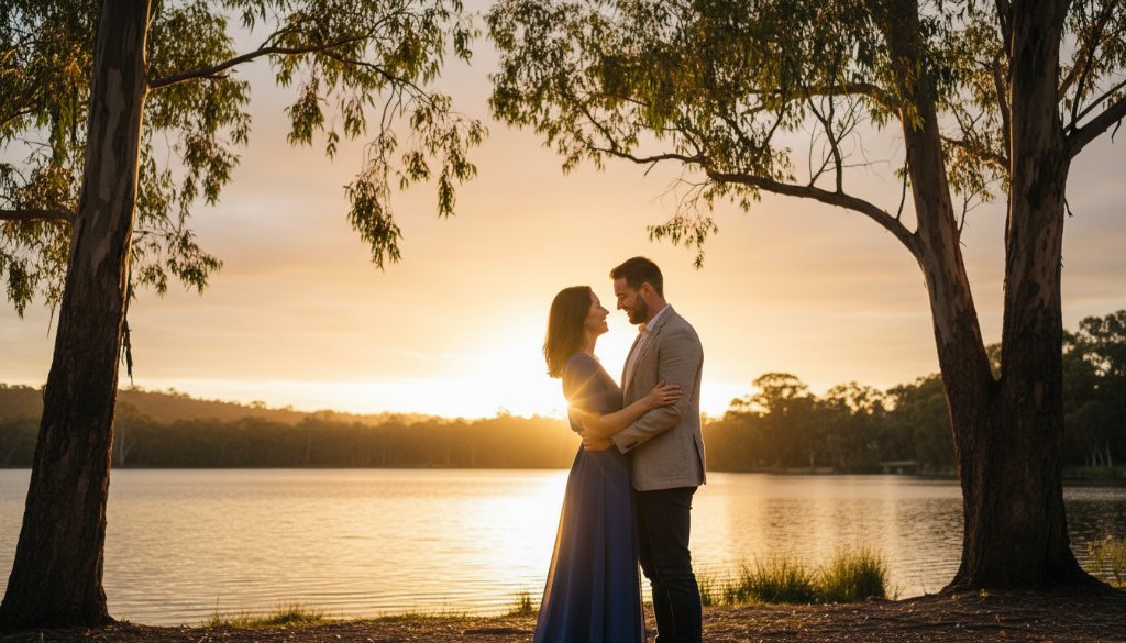 An epic moment of a loving couple embracing at sunset by Blackburn Lake, featuring professional blackburn lake engagement photography romantic victoria with dramatic golden hour light filtering through eucalyptus trees and a serene lake reflection.