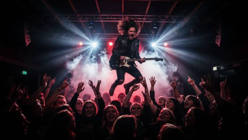 Dynamic wide-angle shot of a guitarist on stage, bathed in vibrant blue and purple stage lights, captured through expert Blackburn live music photography capture during a thrilling performance in a local Blackburn venue.