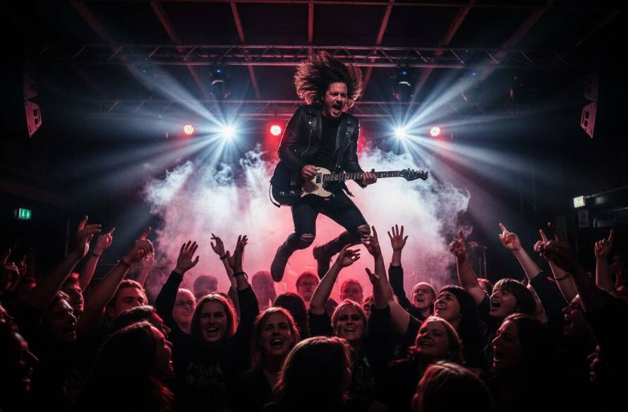 Dynamic wide-angle shot of a guitarist on stage, bathed in vibrant blue and purple stage lights, captured through expert Blackburn live music photography capture during a thrilling performance in a local Blackburn venue.