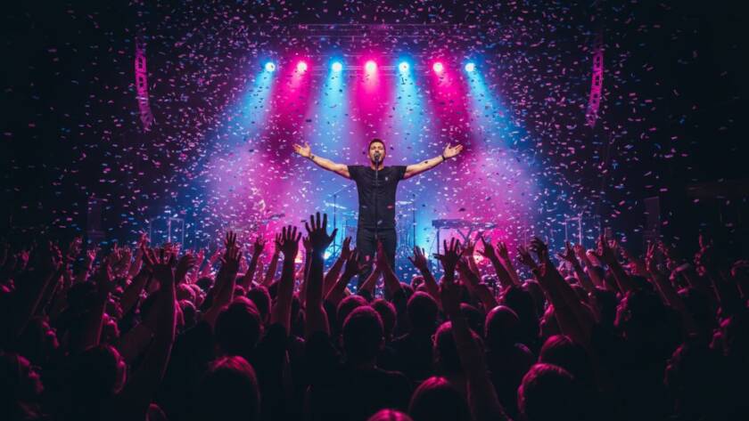Dramatic wide shot capturing an electrifying Blackburn live music photography capture moment: a lead singer with arms outstretched, bathed in vibrant stage lights, confetti falling, silhouetted audience cheering passionately.