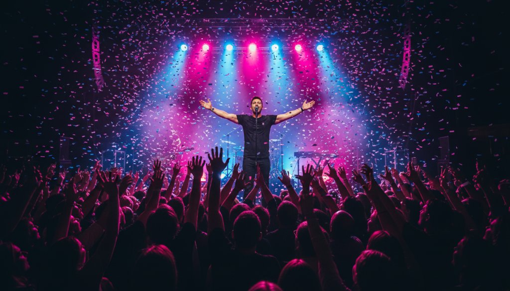 Dramatic wide shot capturing an electrifying Blackburn live music photography capture moment: a lead singer with arms outstretched, bathed in vibrant stage lights, confetti falling, silhouetted audience cheering passionately.