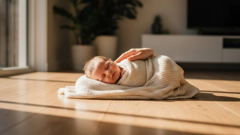 A tender, cinematic wide shot capturing Blackburn natural light newborn photography, featuring a serene baby swaddled in soft white fabric, bathed in golden hour glow from a nearby window, with parents' hands gently cradling, evoking pure love and peace.