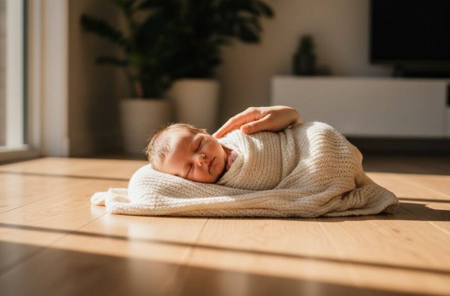 A tender, cinematic wide shot capturing Blackburn natural light newborn photography, featuring a serene baby swaddled in soft white fabric, bathed in golden hour glow from a nearby window, with parents' hands gently cradling, evoking pure love and peace.