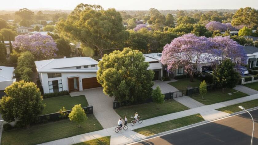 An breathtaking high-angle drone shot showcasing Blackburn North's leafy suburban landscape at sunrise, featuring modern homes nestled amongst mature eucalyptus trees, with a dramatic golden light filtering through the canopy, highlighting the unique charm captured by Blackburn North aerial photography services.