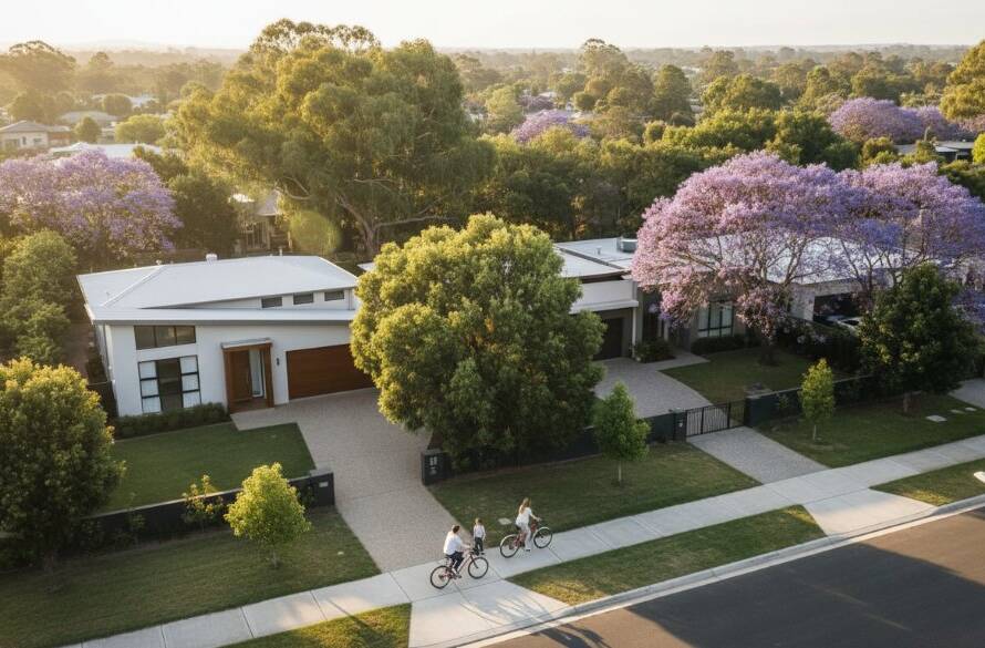 An breathtaking high-angle drone shot showcasing Blackburn North's leafy suburban landscape at sunrise, featuring modern homes nestled amongst mature eucalyptus trees, with a dramatic golden light filtering through the canopy, highlighting the unique charm captured by Blackburn North aerial photography services.