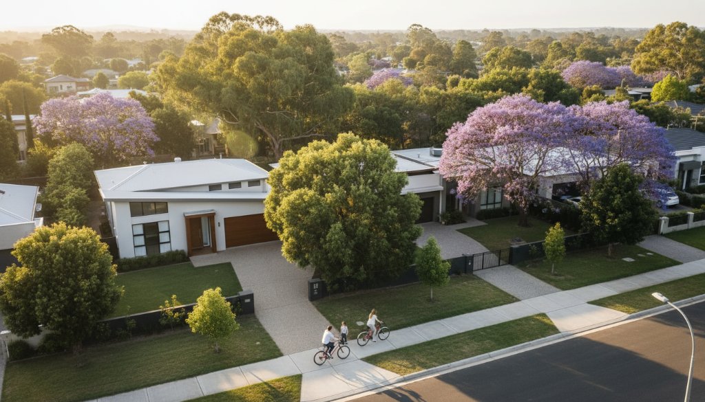 An breathtaking high-angle drone shot showcasing Blackburn North's leafy suburban landscape at sunrise, featuring modern homes nestled amongst mature eucalyptus trees, with a dramatic golden light filtering through the canopy, highlighting the unique charm captured by Blackburn North aerial photography services.