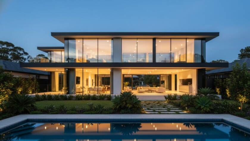 An epic moment captured: dramatic twilight view of a modern residential home in Blackburn North, showcasing exceptional Blackburn North architectural photography excellence with sharp lines and warm interior lights glowing.
