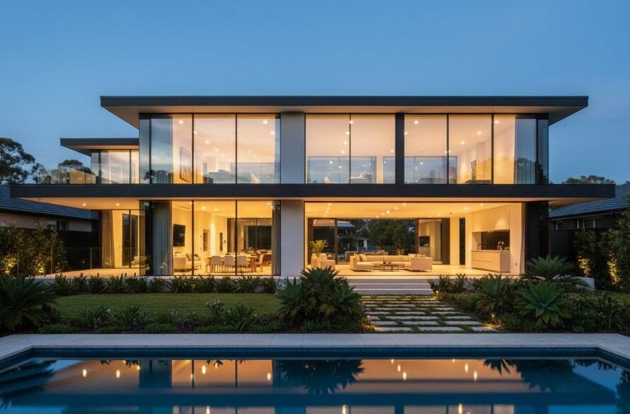 An epic moment captured: dramatic twilight view of a modern residential home in Blackburn North, showcasing exceptional Blackburn North architectural photography excellence with sharp lines and warm interior lights glowing.