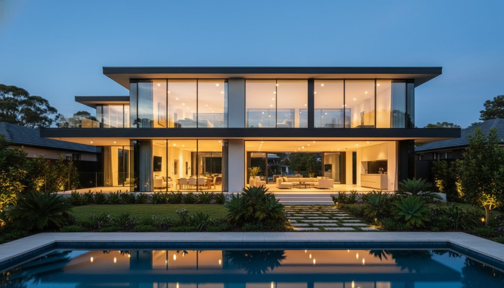 An epic moment captured: dramatic twilight view of a modern residential home in Blackburn North, showcasing exceptional Blackburn North architectural photography excellence with sharp lines and warm interior lights glowing.