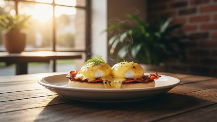 A close-up, dramatic shot showcasing a perfectly plated gourmet brunch dish, steam gently rising, bathed in golden morning light on a rustic table inside a vibrant Blackburn North cafe, highlighting Blackburn North cafe food photography expertise.