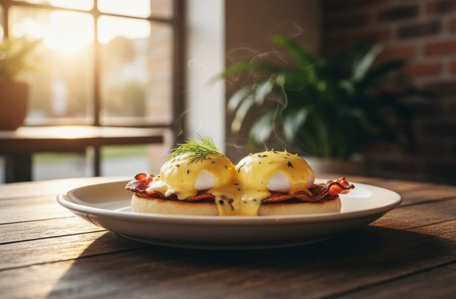 A close-up, dramatic shot showcasing a perfectly plated gourmet brunch dish, steam gently rising, bathed in golden morning light on a rustic table inside a vibrant Blackburn North cafe, highlighting Blackburn North cafe food photography expertise.