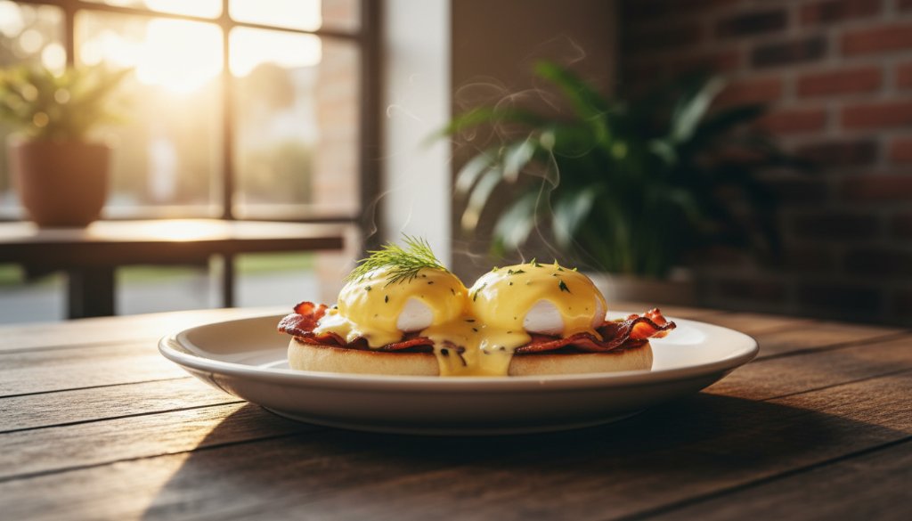 A close-up, dramatic shot showcasing a perfectly plated gourmet brunch dish, steam gently rising, bathed in golden morning light on a rustic table inside a vibrant Blackburn North cafe, highlighting Blackburn North cafe food photography expertise.