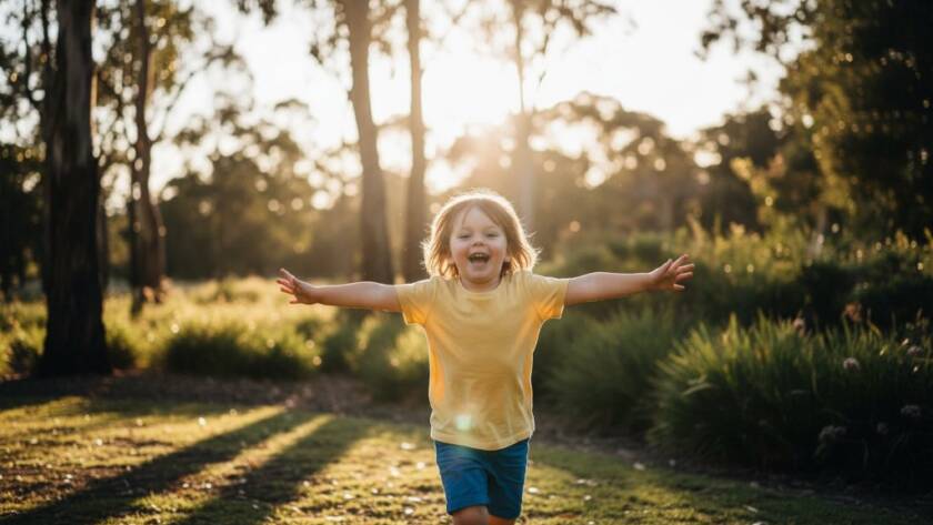 A vibrant, low-angle photograph capturing genuine joy during Blackburn North candid kids photography Victoria. A child in golden light laughs while running through a sun-dappled park, with blurred native Australian trees in the background, evoking pure childhood freedom.