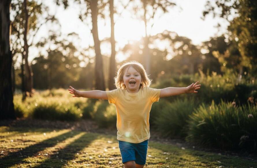 A vibrant, low-angle photograph capturing genuine joy during Blackburn North candid kids photography Victoria. A child in golden light laughs while running through a sun-dappled park, with blurred native Australian trees in the background, evoking pure childhood freedom.