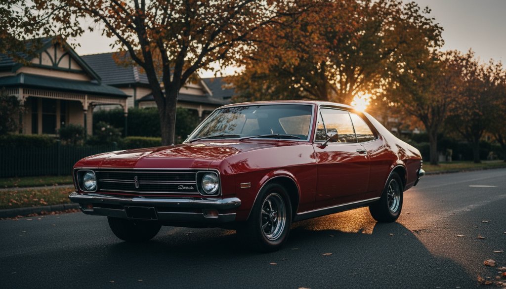 An epic, dramatically lit shot showcasing a gleaming vintage red convertible parked on a tree-lined street in Blackburn North, capturing its elegance against a backdrop of historic homes, perfect for Blackburn North classic car photography vibrant streetscapes.