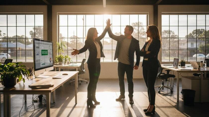 A dramatic wide-angle shot showcasing a bustling, modern café interior in Blackburn North, with a barista expertly crafting a coffee, bathed in warm, golden morning light streaming through large windows, embodying Blackburn North commercial photography branding success.