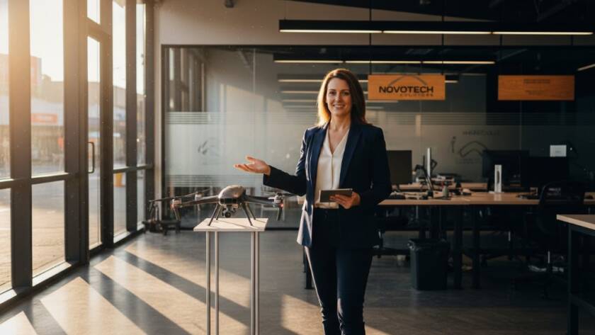 Dynamic wide shot capturing an entrepreneur in Blackburn North showcasing their innovative product with pride, bathed in dramatic golden hour light, reflecting the power of Blackburn North commercial photos for branding.