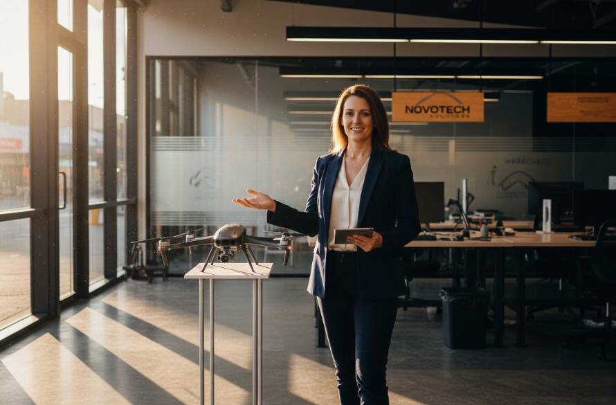 Dynamic wide shot capturing an entrepreneur in Blackburn North showcasing their innovative product with pride, bathed in dramatic golden hour light, reflecting the power of Blackburn North commercial photos for branding.