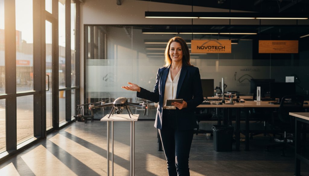 Dynamic wide shot capturing an entrepreneur in Blackburn North showcasing their innovative product with pride, bathed in dramatic golden hour light, reflecting the power of Blackburn North commercial photos for branding.