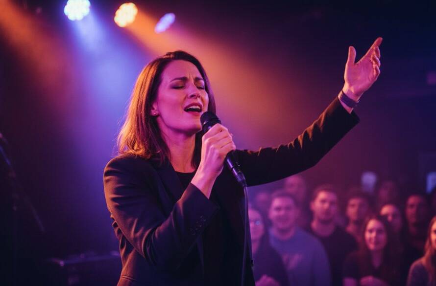 Dynamic stage shot capturing the lead singer mid-scream, bathed in dramatic red and blue stage lights during a performance at a bustling Blackburn North venue, showcasing the band's raw energy and Blackburn North concert photography electrifying moments.